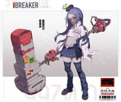 Rule 34 | 1girl, atte nanakusa, backpack, bag, barcode, belt, bikini, bikini top only, blood, bloody weapon, blue skirt, character profile, closed mouth, colored skin, crack, english text, covered erect nipples, fire, green eyes, green fire, grey skin, hammer, highres, holding, holding hammer, holding weapon, huge weapon, id card, knee pads, long hair, looking at viewer, navel, neck brace, original, puffy sleeves, purple hair, randoseru, skirt, sleeves past fingers, sleeves past wrists, solo, standing, swimsuit, torn, torn clothes, weapon