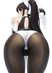 Rule 34 | 1girl, anti (0324), ass, ass focus, azur lane, back, bare shoulders, bent over, black hair, black pantyhose, blurry, blush, bow, breasts, closed mouth, depth of field, elbow gloves, fingerless gloves, foreshortening, gloves, hair bow, hair flaps, leotard, looking at viewer, looking back, multicolored leotard, orange eyes, pantyhose, race queen, shrug (clothing), simple background, takao (azur lane), takao (full throttle charmer) (azur lane), thighs, two-tone leotard, white background, white bow
