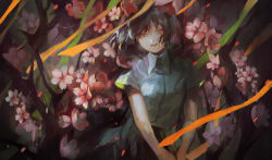 Rule 34 | 1girl, black hair, black skirt, cherry blossoms, collared shirt, cowboy shot, flower, looking at viewer, medium hair, nazoko, open mouth, original, own hands together, petals, pink flower, red eyes, ribbon, shirt, short sleeves, skirt, smile, solo, teeth, tree, white shirt, wing collar