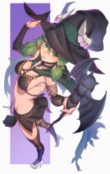 Rule 34 | 1girl, aduti momoyama, breasts, cape, cleavage, cloak, fake horns, full body, green cloak, green eyes, green hair, hat, high heels, highres, horned headwear, horns, long hair, looking at viewer, medium breasts, simple background, skirt, solo, thighhighs, torn cape, torn clothes, unicorn overlord, witch hat, yahna (unicorn overlord)