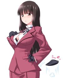 Rule 34 | 1girl, :o, beret, black bra, black gloves, black hat, black ribbon, blunt bangs, blush, bra, breasts, brown eyes, brown hair, bursting breasts, cleavage, commentary, cosplay, cowboy shot, dated, dress shirt, formal, girls und panzer, gloves, half-closed eyes, hand on own chest, hand on own hip, hat, high collar, highres, jacket, kuzuryuu kennosuke, large breasts, looking at viewer, mature female, neck ribbon, nishizumi shiho, one-hour drawing challenge, open mouth, pencil skirt, puff of air, red jacket, red skirt, ribbon, shimada chiyo, shimada chiyo (cosplay), shirt, simple background, skirt, skirt suit, solo, standing, straight hair, suit, twitter username, undersized clothes, underwear, white background, white shirt