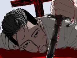 Rule 34 | 1boy, black eyes, black hair, blood, blood on face, blood on hands, bloody weapon, cross, dagger, facial hair, flat color, goatee, golden kamuy, hair slicked back, highres, holding, holding dagger, holding knife, holding weapon, impaled, jo (kzzsnsk 9), knife, looking at viewer, lying, male focus, no pupils, ogata hyakunosuke, on stomach, planted, planted sword, planted weapon, pool of blood, shirt, simple background, solo, sword, undercut, weapon, white background, white shirt