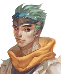 Rule 34 | 1boy, bad id, bad pixiv id, black eyes, forehead protector, forked eyebrows, genji (overwatch), green hair, male focus, overwatch, overwatch 1, scarf, sgyqanna, solo, young genji