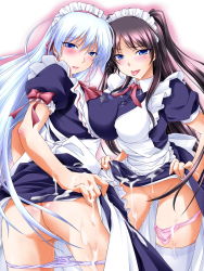 Rule 34 | 2girls, aquamu, ass, black hair, blue eyes, blush, clothes lift, cum, cum on body, cum on clothes, cum on lower body, cum on upper body, game cg, gohoushi sister! sophie &amp; patty, highres, long hair, maid, maid headdress, multiple girls, non-web source, open mouth, panties, panties around leg, panty pull, patricia luise, pink panties, pussy juice, skirt, skirt lift, sophia luise, thighhighs, tongue, underwear, white hair, white thighhighs, yamagarasu