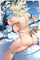 Rule 34 | 1girl, absurdres, armor, ass, axe, bare back, bare shoulders, bikini, bikini armor, black bikini, blonde hair, breasts, chain, barghest (fate), fairy knight gawain (ice warrior) (fate), fate/grand order, fate (series), gauntlet, gauntlets, green eyes, heterochromia, highres, holding, holding axe, holding chain, holding weapon, huge breasts, long hair, looking at viewer, muscular, muscular arms, muscular back, muscular female, muscular legs, open mouth, orion (bear) (fate), ponytail, red eyes, revealing clothes, riding, scarf, sideboob, single gauntlet, sitting on animal, snow, solo, swimsuit, thick thighs, thighs, thong, weapon, white scarf, yoshio (55level)