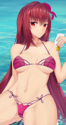 Rule 34 | 1girl, bikini, breasts, chinese commentary, cleavage, collarbone, commentary request, cowboy shot, fate/grand order, fate (series), feng mouren, flower, gluteal fold, hair flower, hair intakes, hair ornament, hibiscus, highres, large breasts, long hair, lotion, lotion bottle, nail polish, navel, ocean, partially submerged, purple bikini, purple hair, red eyes, red nails, scathach (fate), scathach (fate/grand order), scathach (swimsuit assassin) (fate), swimsuit