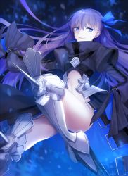 Rule 34 | 10s, 1girl, armor, armored boots, ass, blue eyes, boots, fate/extra, fate/extra ccc, fate (series), highres, long hair, looking at viewer, meltryllis (fate), navel, purple hair, smile, solo, very long hair, wowishi