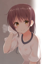 Rule 34 | 1girl, aibumi, blush, breath, brown eyes, brown hair, closed mouth, gym uniform, highres, long hair, looking at viewer, matching hair/eyes, original, pen-zin, see-through, shade, smile, solo, sweat, towel, upper body, wiping sweat