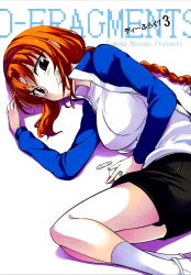 Rule 34 | 1girl, bandaid, blush, braid, breasts, brown hair, d-frag!, highres, jacket, large breasts, long hair, looking at viewer, lying, mouth hold, on side, orange hair, red eyes, shorts, socks, solo, takao (d-frag!), track jacket, white socks