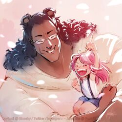 Rule 34 | 1boy, 1girl, ^ ^, affectionate, aged down, arm up, bartholomew kuma, black hair, bluesky username, carrying, child, closed eyes, commentary, english commentary, extra ears, father and daughter, glasses, highres, instagram username, jewelry bonney, kayfoxii, long hair, one piece, pink hair, shirt, signature, smile, suspenders, twitter username, white shirt