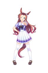 Rule 34 | 1girl, :d, animal ears, blouse, blue eyes, ear ornament, full body, hair intakes, highres, horse ears, horse girl, horse tail, index finger raised, kawakami princess (umamusume), long hair, looking at viewer, official art, one eye closed, open mouth, pigeon-toed, purple shirt, school uniform, serafuku, shirt, smile, solo, standing, tail, thighhighs, transparent background, umamusume, white thighhighs, zettai ryouiki