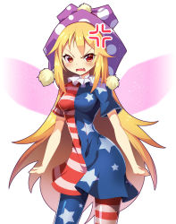 Rule 34 | 1girl, american flag dress, american flag legwear, anger vein, angry, blonde hair, blush, breasts, clenched hands, clownpiece, commentary request, covered navel, cowboy shot, dress, fairy wings, fang, hat, jester cap, long hair, neck ruff, open mouth, pantyhose, polka dot headwear, pom pom (clothes), purple hat, red eyes, short dress, short sleeves, simple background, small breasts, solo, standing, star (symbol), star print, striped clothes, striped dress, thighs, touhou, v-shaped eyebrows, very long hair, white background, wings, z.o.b