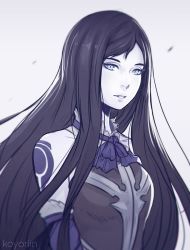 Rule 34 | 1girl, bare shoulders, black hair, blue eyes, blush, castlevania (series), castlevania: order of ecclesia, dress, koyorin, long hair, looking at viewer, shanoa, simple background, smile, solo, tattoo