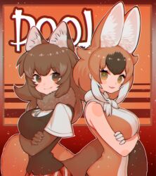 Rule 34 | 2girls, animal ears, bare shoulders, blush, bow, breasts, brown eyes, brown hair, dhole (kemono friends), dhole (kemono friends) (old design), dog ears, dog girl, dog tail, dual persona, duplicate, elbow gloves, extra ears, fur collar, gloves, highres, kemono friends, kemono friends 3, large breasts, long hair, looking at viewer, multicolored hair, multiple girls, notora, open mouth, orange hair, pixel-perfect duplicate, shirt, short hair, short sleeves, skirt, sleeveless, smile, tail, two-tone hair, vest, white hair, wolf ears, yellow eyes