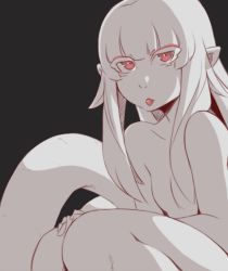 Rule 34 | 1girl, :p, ad-6-0001a, alien, animated, animated gif, breasts, colored skin, commentary, facing viewer, grey background, hushabye, long hair, looking at viewer, monster girl, no nipples, nude, original, pointy ears, project a.d.a., red eyes, sidelocks, simple background, small breasts, solo, tail, tongue, tongue out, veins, white hair, white skin