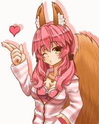 Rule 34 | 10s, 1girl, animal ears, blowing kiss, blush, bra, breasts, cleavage, collarbone, fate/extra, fate (series), fox ears, fox tail, gankon, hair ribbon, hand in pocket, heart, highres, jewelry, large breasts, long hair, looking at viewer, nail polish, necklace, official alternate costume, one eye closed, open clothes, open mouth, pink bra, pink hair, ribbon, simple background, solo, tail, tamamo no mae (fate/extra), tamamo no mae (spring casual) (fate), underwear, upper body, white background, yellow eyes