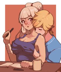 Rule 34 | 1boy, 1girl, apron, babusgames, blonde hair, book, collarbone, cup, glasses, grabbing, grabbing another&#039;s breast, grabbing from behind, hand under clothes, hetero, highres, kiss, kissing neck, link, looking at another, naked apron, nintendo, paya (zelda), pen, pointy ears, round eyewear, the legend of zelda, the legend of zelda: breath of the wild, upper body, white hair