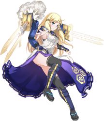 Rule 34 | 1girl, armpits, artist request, ass, bare shoulders, blonde hair, blue eyes, detached sleeves, dual wielding, full body, hair ornament, holding, holding sword, holding weapon, long hair, odani (oshiro project), official art, open mouth, oshiro project:re, oshiro project:re, outstretched arm, solo, sword, thighhighs, transparent background, weapon