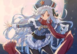 Rule 34 | 1girl, bad id, bad twitter id, black pantyhose, blurry, capelet, closed mouth, commentary, depth of field, full moon, fur trim, girls&#039; frontline, grey hair, gun, hand up, handgun, hat, legs apart, long hair, looking at viewer, makarov (girls&#039; frontline), makarov pm, moon, night, outdoors, pantyhose, pleated skirt, pocket pistol, red scarf, saitou masatsugu, scarf, skirt, smile, solo, uniform, very long hair, weapon, white skirt