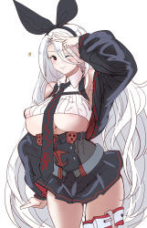 Rule 34 | 1girl, absurdres, areola slip, azur lane, black hairband, black necktie, black skirt, black sleeves, breasts, covered erect nipples, crop top, detached sleeves, hair ribbon, hairband, hey taisyou, high-waist skirt, highres, iron blood (emblem), large breasts, long hair, microskirt, necktie, one eye closed, pleated skirt, prinz heinrich (azur lane), red eyes, ribbed shirt, ribbon, shirt, simple background, skirt, solo, star (symbol), underboob, very long hair, white background, white hair, wing collar