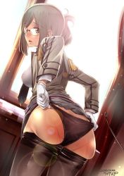 Rule 34 | 10s, 1girl, 2016, ass, ass support, bent over, black panties, blush, breasts, brown hair, butt crack, clothes lift, clothes pull, covered erect nipples, crotch seam, curtains, dated, epaulettes, folded ponytail, glasses, gloves, green eyes, kantai collection, katori (kancolle), lens flare, looking at viewer, looking back, medium breasts, military, military uniform, necktie, open mouth, panties, pantyhose, pantyhose pull, riding crop, rimless eyewear, see-through silhouette, short hair, signature, skirt, skirt lift, solo, spanked, ugeppa, underwear, uniform, whip marks, white gloves, window