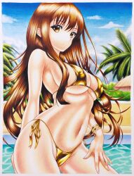 Rule 34 | 1girl, arm behind back, bikini, breasts, brown hair, cleavage, hand on leg, hand on own leg, hand on own thigh, hand on thigh, highres, large breasts, legs, looking at viewer, makeup, navel, original, pool, smile, solo, swimsuit, thighs, traditional media, water, yellow eyes
