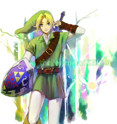 Rule 34 | 1boy, blonde hair, blue eyes, copyright name, earrings, fighting stance, fujino ko, gloves, hat, holding, holding sword, holding weapon, hylian shield, jewelry, link, master sword, nintendo, pointy ears, ready to draw, shield, sword, the legend of zelda, the legend of zelda: ocarina of time, weapon, weapon on back