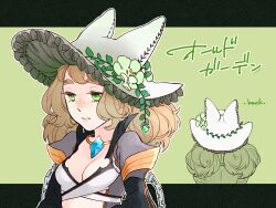 Rule 34 | 1girl, animal ear headwear, animal ears, blue gemstone, blush, breasts, brown hair, cleavage, closed mouth, coat, commentary request, expressionless, fake animal ears, flower, freckles, gem, green eyes, green flower, grey coat, grey headwear, hat, hat flower, highres, jewelry, long hair, looking down, multiple views, necklace, plant, ragnarok online, short bangs, small breasts, translation request, tsutsuga, upper body, vines, warlock (ragnarok online), witch hat