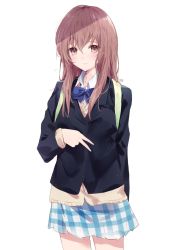 Rule 34 | 10s, 1girl, blue bow, blue bowtie, bow, bowtie, brown eyes, brown hair, commentary request, hair between eyes, highres, koe no katachi, long hair, long sleeves, looking at viewer, nishimiya shouko, plaid, plaid skirt, school uniform, simple background, skirt, solo, tr (kangtw123), white background
