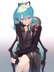 Rule 34 | 1girl, aqua hair, asymmetrical clothes, belt, black belt, black dress, black gloves, black ribbon, blue eyes, breasts, chair, closed mouth, crossed legs, dress, eyelashes, feet out of frame, gloves, gradient background, grey background, hair between eyes, hair ribbon, hand up, head rest, highres, hololive, hoshimachi suisei, hoshimachi suisei (shout in crisis), leaning forward, long hair, long sleeves, looking at viewer, official alternate costume, ponytail, ribbon, sidelocks, single glove, sitting, small breasts, solo, star (symbol), star in eye, symbol in eye, twitter username, virtual youtuber, watermark, yamagamiamami