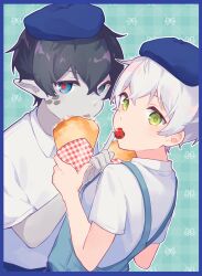 Rule 34 | 2boys, alternate costume, apron, arknights, aruke0, beret, black hair, blue apron, blue eyes, blue hat, border, collared shirt, colored skin, commentary request, crepe, faust (arknights), feeding, food, fruit, green background, green eyes, grey skin, hat, highres, holding, holding food, looking at viewer, mephisto (arknights), multiple boys, plaid, plaid background, pointy ears, red pupils, scales, shirt, short sleeves, simple background, strawberry, upper body, white hair, white shirt, yaoi