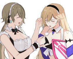 Rule 34 | 2girls, 3o c, adjusting hair, bare arms, bare shoulders, bianka durandal ataegina, black bow, black bowtie, black hairband, blonde hair, blush, bowtie, breasts, brown hair, cleavage, closed eyes, couple, detached collar, earrings, eyebrows hidden by hair, feeding, food, frilled one-piece swimsuit, frills, hair between eyes, hairband, hand up, happy, holding, holding spoon, honkai (series), honkai impact 3rd, ice cream, jewelry, large breasts, long hair, maid, maid headdress, mole, mole under eye, multiple girls, neck, one-piece swimsuit, open mouth, rita rossweisse, rita rossweisse (phantom iron), simple background, smile, spoon, straight hair, surfboard, swimsuit, twintails, upper body, very long hair, white background, white one-piece swimsuit, yuri