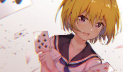Rule 34 | 1girl, :d, absurdres, ace (playing card), ace of clubs, blonde hair, blue neckerchief, blurry, card, chromatic aberration, club (shape), collarbone, depth of field, dot nose, fang, floating card, heart, highres, higurashi no naku koro ni, holding, holding card, houjou satoko, looking at viewer, neckerchief, open mouth, pizza (pizzania company), playing card, purple eyes, sailor collar, school uniform, serafuku, short hair, short sleeves, six of clubs, skin fang, smile, solo, spade (shape), two of hearts, upper body, white background