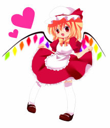 Rule 34 | 1girl, alternate costume, bad id, bad pixiv id, blonde hair, enmaided, female focus, flandre scarlet, full body, hat, heart, maid, mushi q, red eyes, short hair, simple background, solo, touhou, white background, wings