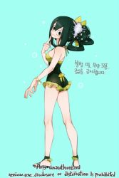 Rule 34 | 10s, 1girl, :&gt;, adapted costume, aqua background, artist request, ass, asui tsuyu, back, black eyes, black one-piece swimsuit, bodysuit, boku no hero academia, breasts, cleavage, english text, finger to own chin, frog girl, from side, full body, green bodysuit, green one-piece swimsuit, hair between eyes, hair bun, hair rings, halterneck, head tilt, kneepits, long hair, long tongue, low-tied long hair, one-piece swimsuit, simple background, single hair bun, solo, standing, swimsuit, tongue, very long tongue