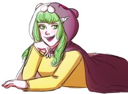 Rule 34 | 1girl, danganronpa (series), danganronpa 3 (anime), danganronpa another episode: ultra despair girls, green eyes, green hair, hand on own cheek, hand on own chin, hand on own face, hand on own head, hood, hoodie, hoodie up, long hair, long sleeve shirt, long sleeves, looking at viewer, looking to the side, lying, matching hair/eyes, monokuma, nose, aged up, on stomach, open mouth, red lips, shirt, smile, teeth, towa monaca, upper body, upper teeth only, yellow shirt