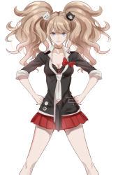 Rule 34 | 1girl, bear hair ornament, black bra, black jacket, blonde hair, blue eyes, bow, bra, breasts, choker, cleavage, collarbone, danganronpa: trigger happy havoc, danganronpa (series), enoshima junko, hair ornament, hands on own hips, highres, jacket, kurozatou owata, long hair, long sleeves, looking at viewer, miniskirt, nail polish, necktie, pleated skirt, red bow, red nails, red skirt, simple background, skirt, smile, solo, spoilers, standing, twintails, underwear, very long hair, white background