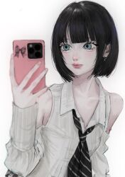 Rule 34 | 1girl, aegyo sal, amaru, black hair, blue eyes, blunt bangs, blurry, bob cut, cellphone, closed mouth, clothing cutout, depth of field, earrings, highres, holding, holding phone, jewelry, long sleeves, phone, photo-referenced, real life, selfie, shirt, short hair, shoulder cutout, simple background, skull (person), smartphone, solo, upper body, white background, white shirt