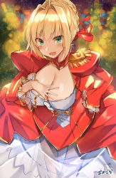 Rule 34 | 10s, 1girl, :d, aqua eyes, blonde hair, blush, breasts, christmas, cleavage, dress, epaulettes, fate/extella, fate/extra, fate (series), female focus, green eyes, hair bun, hair intakes, highres, large breasts, leaning forward, long skirt, looking at viewer, nero claudius (fate), nero claudius (fate) (all), nero claudius (fate/extra), onoderaonoderao, open mouth, red dress, see-through, single hair bun, skirt, smile, solo, standing