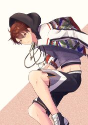 Rule 34 | 1boy, absurdres, black hood, brown eyes, brown hair, commentary request, ensemble stars!, feet out of frame, highres, hood, hooded jacket, jacket, jewelry, long sleeves, looking at viewer, male focus, midriff, morisawa chiaki, multicolored clothes, multicolored jacket, necklace, official alternate costume, open clothes, open jacket, short hair, shorts, solo, two-tone background, yuki suzume