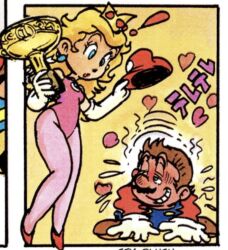 Rule 34 | 1boy, 1girl, blonde hair, blue eyes, blush, brooch, brown hair, comic, crown, facial hair, gloves, grin, hat, heart, high heels, japanese text, jewelry, leotard, lipstick, long hair, looking at another, makeup, mario, mario (series), mustache, nintendo, official art, overalls, pantyhose, princess peach, smile, spoken heart, translation request, trophy