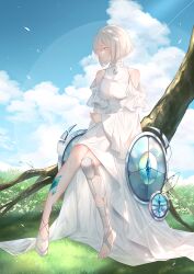 Rule 34 | 1girl, bare shoulders, blue sky, bob cut, brown eyes, closed mouth, cloud, commentary request, cumulonimbus cloud, day, dress, full body, grass, grey hair, haruhitooo, highres, long sleeves, looking to the side, original, outdoors, shield, short hair, single barefoot, sitting, sky, solo, white dress, wide sleeves