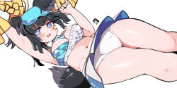 Rule 34 | 1girl, absurdres, animal ears, armpits, arms up, bare arms, bare shoulders, black hair, blue archive, blue eyes, blush, breasts, cheering, cheerleader, crop top, dog ears, dog girl, dog tail, eyewear on head, goggles, goggles on head, halo, hibiki (blue archive), hibiki (cheer squad) (blue archive), highres, holding, holding pom poms, long hair, looking at viewer, millennium cheerleader outfit (blue archive), navel, official alternate costume, open mouth, panties, pom pom (cheerleading), pom poms, simple background, sirochan 4613, skirt, small breasts, solo, sticker on face, stomach, tail, text print, underwear, white background, white panties, white skirt, yellow halo