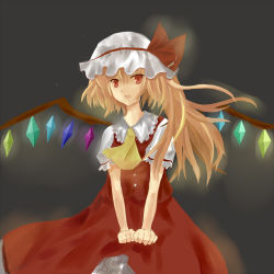 Rule 34 | 1girl, blonde hair, bonnet, bow, dress, female focus, flandre scarlet, glowing, red eyes, ribbon, scared, side ponytail, simple background, solo, touhou, tsurime, vampire, wings