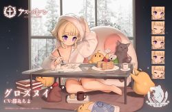 Rule 34 | 1girl, azur lane, barefoot, blonde hair, cat, commentary request, drawing, expressions, food, fur-trimmed headwear, fur trim, grozny (azur lane), grozny (bunny remodeling plan?) (azur lane), hand on own head, holding, holding pen, manjuu (azur lane), northern parliament (emblem), off shoulder, official alternate costume, official art, pancake, pen, promotional art, purple eyes, short hair, snow, watermark, white headwear