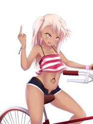 Rule 34 | 1girl, bicycle, bracelet, brown eyes, camisole, chloe von einzbern, collarbone, dark-skinned female, dark skin, denim, denim shorts, eila yagyu, fate/kaleid liner prisma illya, fate (series), groin, highres, jewelry, long hair, middle finger, midriff, mixed eye color, multicolored eyes, navel, no panties, open clothes, open mouth, open shorts, pink hair, riding, short shorts, shorts, side ponytail, sitting, smile, solo, tank top, unbuttoned, unzipped