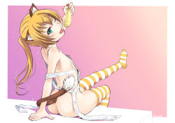 Rule 34 | 1girl, animal ears, apron, arm support, artist name, ass, bare shoulders, blonde hair, cat ears, cat tail, food, gradient background, green eyes, highres, kuboshun, leg up, long hair, looking at viewer, looking back, naked apron, one eye closed, original, pink background, ponytail, purple background, shrimp, shrimp tempura, sitting, solo, striped clothes, striped thighhighs, tail, tempura, thighhighs, tongue, tongue out, two-tone background