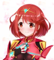 Rule 34 | 1girl, armor, blush, breasts, earrings, female focus, fingerless gloves, gloves, halsya, highres, jewelry, large breasts, looking at viewer, matching hair/eyes, medium breasts, nintendo, pyra (xenoblade), red eyes, red hair, short hair, shoulder armor, smile, solo, swept bangs, tiara, upper body, xenoblade chronicles (series), xenoblade chronicles 2