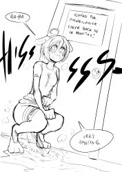 Rule 34 | 1girl, absurdres, angry, animal ears, bandages, bandaged leg, bandaged thigh, bandages, biku, blush, bone print, breasts, breath, clothes lift, dog ears, dog girl, door, highres, looking up, medium breasts, monochrome, omo.org, open mouth, panties, panty pull, paw shoes, peeing, print panties, puddle, shirt, shizuku (omo.org), shoes, short hair, short sleeves, sign, sketch, skirt, skirt lift, squatting, steam, sweat, underwear