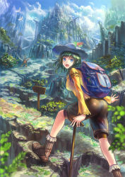 Rule 34 | 1girl, :d, \(^o^)/, arms up, backpack, bag, bike shorts, bird, blue eyes, boots, bridge, day, denki, green hair, hat, hiking, looking back, mountain, open mouth, original, outstretched arms, path, road, scenery, shorts, sign, sky, smile, cane